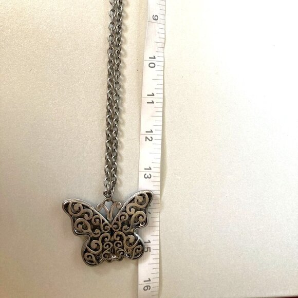 Opera Necklace Silver Tone Chain Butterfly Pendant 28 in - Picture 3 of 7